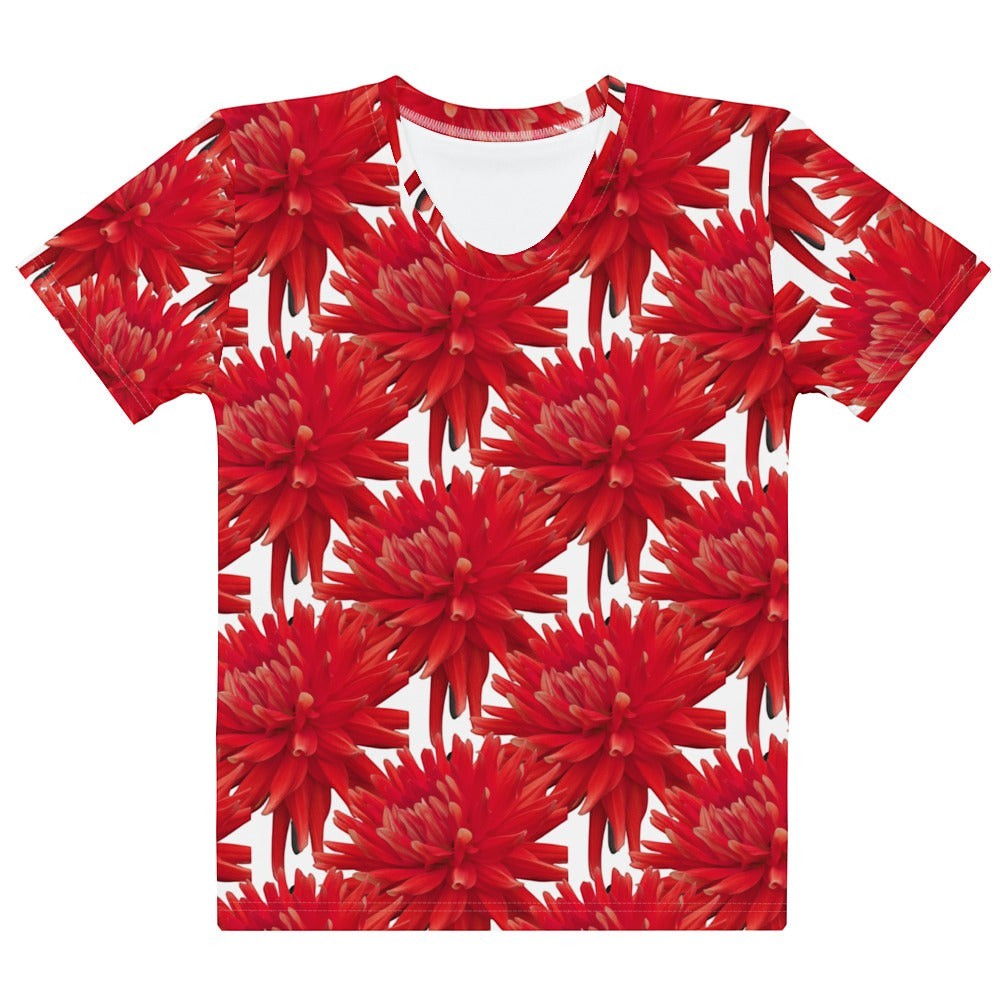 Camiseta Xpinta Gali de algodón elástico con estampado integral de flores dalias en color rojo escarlata vibrante.