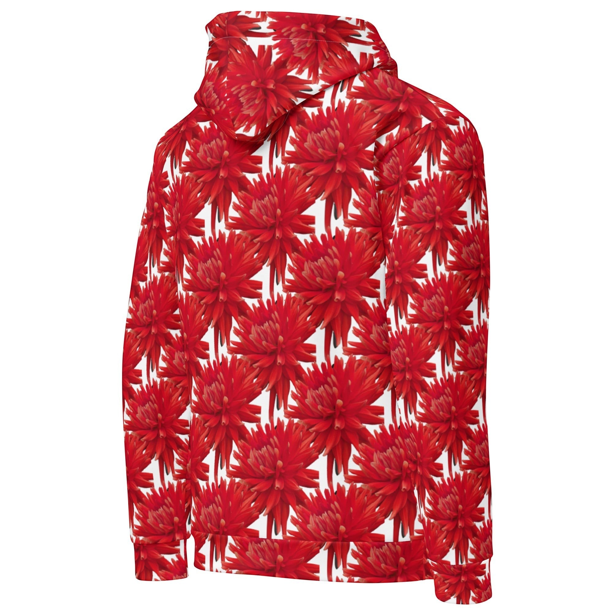 Sudadera con capucha Xpinta Gali de algodón con estampado floral rojo vibrante y ajuste relajado, vista trasera.